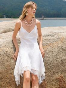 Lumivelle 女式性感蕾丝拼布不对称下摆细肩带夏季连衣裙