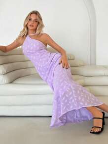 Roylia Women's Purple Bubble Crinkle Leaf Jacquard Asymmetric Shoulder Open Back Dress, Suitable For Date, Birthday Party, Banquet - Purple - View 3