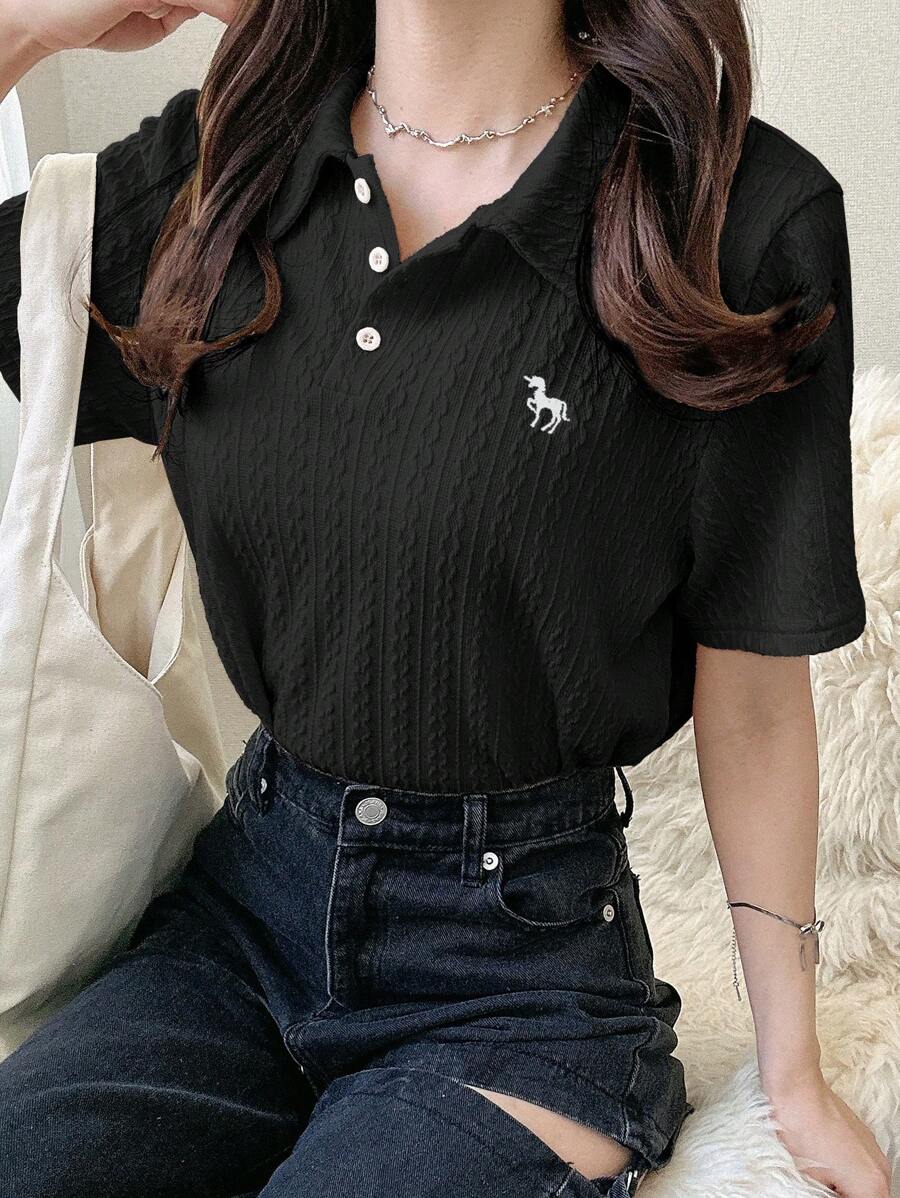 FRIFUL 女士杏色基础款 Polo 领刺绣 T 恤,翻领短袖夏季服装 - 黑色 - 查看 1