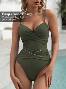 Swim Chiccia 女士纯色简约日常连体吊带背心夏季 - 軍綠色 - 查看 3