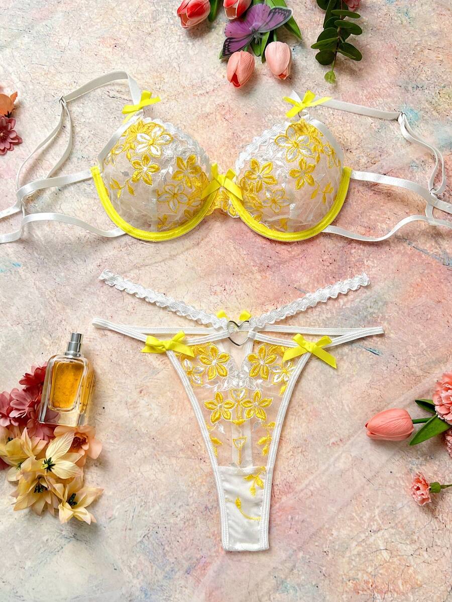 SHEIN Bộ đồ lót gợi cảm thêu hoa 2 món kèm áo ngực và quần lót có gọng dành cho nữ - Nhiều màu - Xem 1