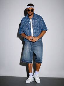 ROMWE MEN Street Life Men's Summer Vacation Paisley Print Patchwork Pocket Short Sleeve Denim Shirt - Brown - View 11