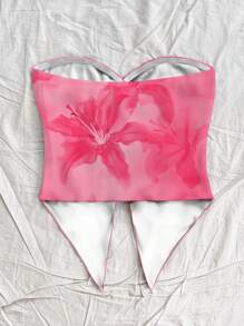 Soleia Vacation Style Orange Tropical Floral & Hibiscus Print Twist Asymmetrical Hem Blouse, Suitable For Spring/Summer Holiday,Rave Top Suitable For Going Out - Pink - View 2