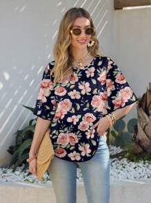 Shutterstock Glamance Maglietta elegante da donna con maniche corte in in rete e motivo floreale, per l'estate - Blu Navy - Visualizzare 1