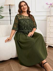 Reflora Curve Plus Size 女士浪漫优雅日常绿色圆领短袖刺绣拼接收腰 A 字长款浪漫礼服，女士夏季连衣裙 - 綠色 - 查看 6