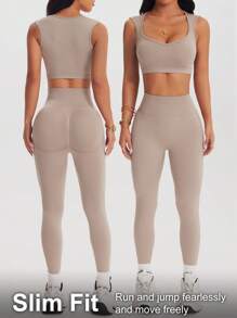 Easithlete 女士纯色圆领短款上衣和裤子瑜伽运动套装，无缝