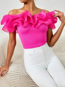 Women's Rose Red Solid Color Minimalist Elegant Textured Asymmetric Neckline T-Shirt, Spring/Summer Pink Top - Hot Pink - View 1