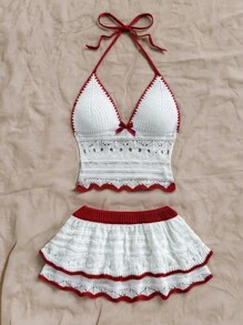 Soleia 女士假日休闲撞色露背吊带上衣和迷你裙两件套海滩度假装春夏女士西部音乐节波西米亚风 - 彩色 - 查看 6