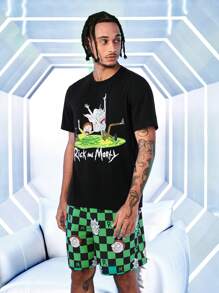 Rick and Morty X SHEIN Men's Funny Cartoon Pattern Short Sleeve Top And Checkerboard Shorts Pajama Set, Comfortable Fabric For Everyday Wear