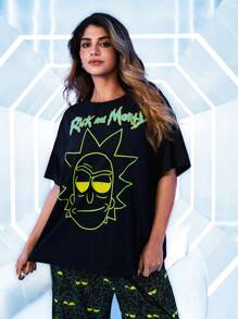 Rick and Morty X SHEIN Set pigiama oversize con stampa a cartoni animati, composto da top a maniche corte e pantaloni lunghi - nero - Visualizzare 3