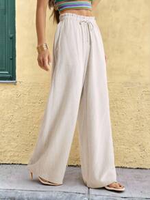 SHEIN Tall 女士纯色亚麻抽绳腰复古款长裤，通勤装，女士日常沙滩装夏装度假亚麻裤女士亚麻长裤，亚麻裤 - 杏色 - 查看 1