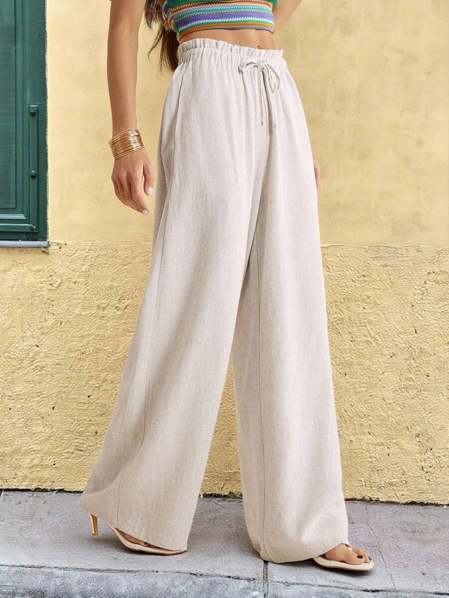 SHEIN Tall 女士纯色亚麻抽绳腰复古款长裤，通勤装，女士日常沙滩装夏装度假亚麻裤女士亚麻长裤，亚麻裤 - 杏色 - 查看 1