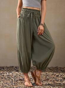 Wildy Summer Casual Country Vacation Green Lantern Pants With Elastic Waist, Cropped Length Cotton Capris For Women Capris For Women Green Capri Pants
