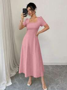 Rafferiza 优雅别致的方领腰部收腰 A 字中长连衣裙，带有纹理细节，无弹力泡泡面料，黄色，适合日常穿着和场合，春夏季 - 粉色 - 查看 7