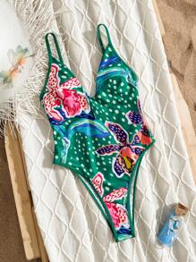 Swim Vcay Summer New Fashion All-Over Random Print Spaghetti Strap Sleeveless High Cut Beach Vacation Swimsuit