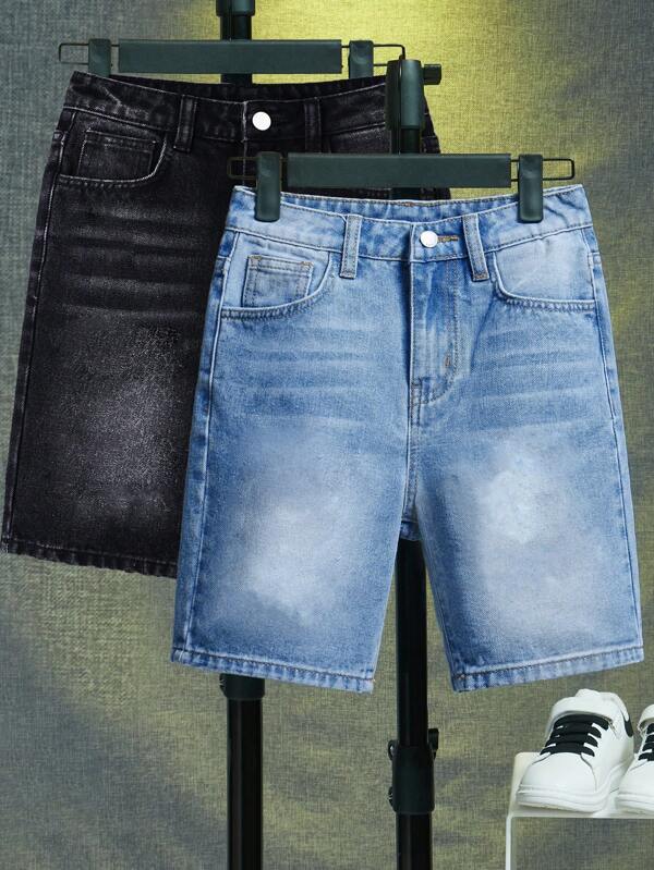 SHEIN 2Pcs Tween Boy Fashion Causal Y2k Vintage Casual Basic Mix And Match Blue And Black Loose Denim Shorts For Kids Clothes Boys Costume Dailywear And Kids Summer And Spring Rave Outfits Festival And Beach Outfits Clothes