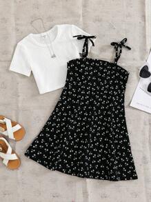 SHEIN 2 件套：年轻女孩碎花吊带背心连衣裙和 T 恤 - 黑與白 - 查看 5