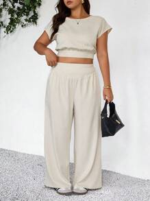 SHEIN Frenchy 2pcs/Set Plus Size Women White Summer Casual Everyday Fashion Short Sleeve Top & Long Pants Set,Commuting 2025 Spring New Outfits,Two Piece Set Women - Apricot - View 6