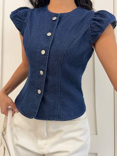 Blusa vaquera para adolescentes, casual con cuello redondo ajustado, azul, adecuada para fiestas, vacaciones, citas, San Valentín, meriendas. Blusa mini casual de rayas con botones delanteros sin mangas, estilo elegante y fashionable para la oficina, vacaciones francesas, eventos de verano.