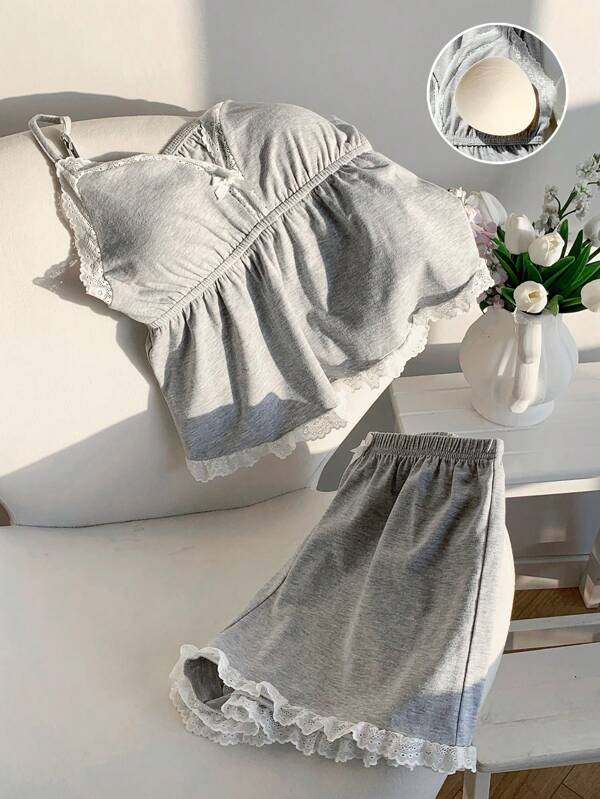 Comfortcana 2pcs Knit Padded Camisole Top And Lace Trim Shorts Set, Summer