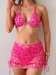 SHEIN Swim 3 件套女士性感豹纹露背三角比基尼上衣，网眼侧系带迷你裙泳衣