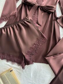 SilkySpell Conjunto de pijama de 4 piezas para mujer con top de camiseta de encaje sexy, shorts con adorno floral, pantalones y bata de seda con cinturón, color café, ropa de otoño e invierno cómoda y elegante - Café integral - Ver 3