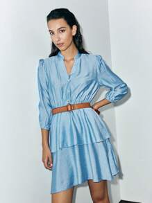 Lumivelle Women's Elegant V-Neck Layered Dress - Dusty Blue - View 3