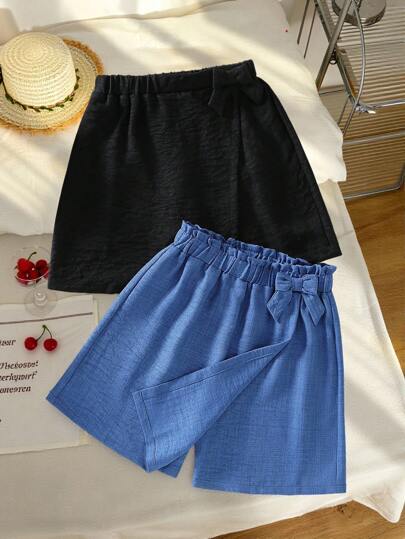 2pcs/Set Casual Bowknot Solid Color Skirt Shorts For Teen Girls, Suitable For Beach, Vacation, And Daily Wear, School, Campus, College