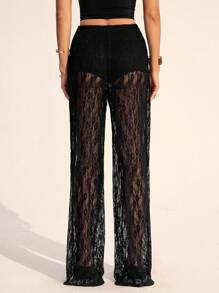 SHEIN Tall Dambyxor med blommig spets och elastisk midja, raka och lösa byxor - Svart - Visa 2