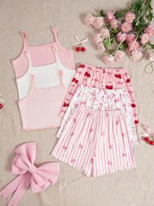 SHEIN 3 件套女童夏季简约时尚舒适卡通心形印花蝴蝶结和樱桃装饰吊带背心 + 短裤、睡衣套装 - 彩色 - 查看 2