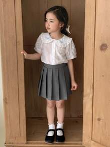 DAZY Young Girl Summer Striped Ruffled Collar Short Sleeve Shirt With Pleated Skirt Set - Grey - View 3