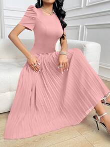 Modelyn Women's Solid Color Asymmetric Neck Short Puff Sleeve Floral Decor Ruffle Hem Elegant Dress