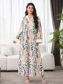 SHEIN Najma 优雅奢华花卉印花长袖宽松阿拉伯风格女式连衣裙 - 彩色 - 查看 7