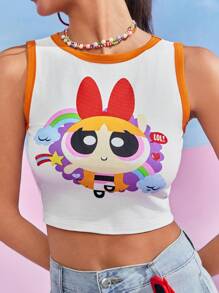 THE POWERPUFF GIRLS X SHEIN Áo ba lỗ cổ tròn cắt ngắn họa tiết hoa tương phản - trắng - Xem 4