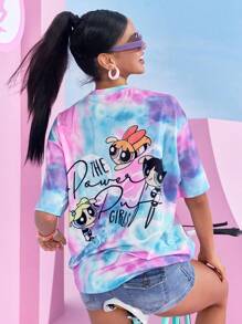 THE POWERPUFF GIRLS X SHEIN 扎染花朵、泡泡、毛茛图案圆领短袖 T 恤 - 彩色 - 查看 1