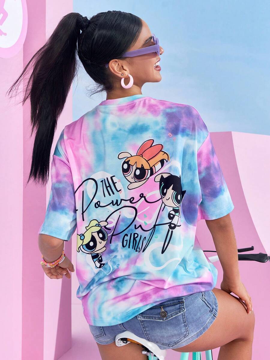 THE POWERPUFF GIRLS X SHEIN 扎染花朵、泡泡、毛茛图案圆领短袖 T 恤 - 彩色 - 查看 1