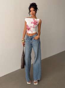 Siren Gaze Women Asymmetric Shoulder Ruched Tight Crop Top, Hibiscus & Hawaiian Floral Print, Suitable For Summer & Beach Vacation,SummerHoliday,Cool Wear Collection Suitable For Going Out - Multicolor - View 4