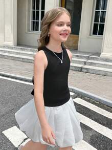 SHEIN 青少年女孩休闲纯黑色露背蝴蝶结短款无袖衬衫 - 黑色 - 查看 7