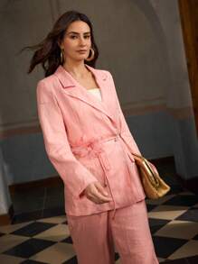 ZEYLAH Áo khoác vest mỏng vải lanh thêu hoa thanh lịch, Xuân/Hè - Hồng - Xem 6