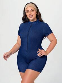 SHEIN Essnce Plus Size Knitted Denim Jumpsuit, Vacation Text, Tight & Stretchy
