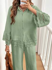 SHEIN Frenchy 2pcs Women Cotton Lace Long Sleeve Button-Front Shirt And Pants Set