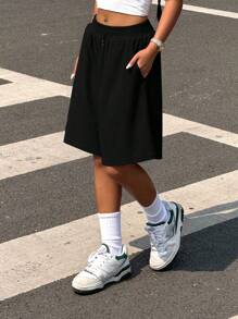 SHEIN Damen einfarbige Bermuda Shorts mit Kordelzug Taille und weitem Bein für Sport und Lässig