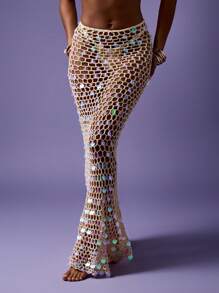 MISSGUIDED Váy Maxi Đi Biển Váy Lưới Móc Lấp Lánh Đính Đá Dài Đồ Đi Biển Sarong Nghỉ Mát Kỳ Nghỉ Lễ Hội Tiệc Bể Bơi - trắng - Xem 1