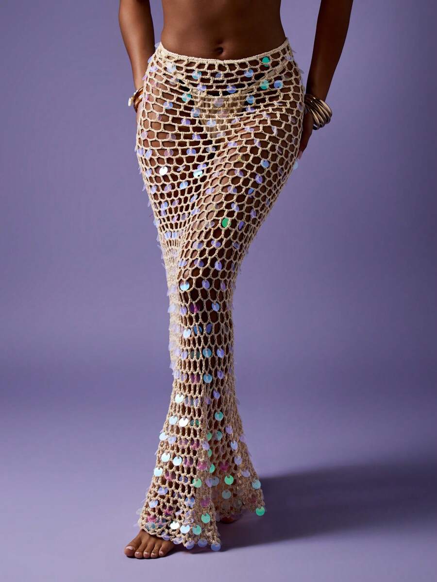 MISSGUIDED Váy Maxi Đi Biển Váy Lưới Móc Lấp Lánh Đính Đá Dài Đồ Đi Biển Sarong Nghỉ Mát Kỳ Nghỉ Lễ Hội Tiệc Bể Bơi - trắng - Xem 1