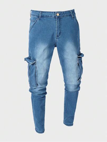 Manfinity LEGND Plus Size Men's Contrast Color Slim Fit Pocket Casual Cargo Jeans