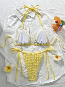 Swim Mod-D 2pcs Solid Color Textured Floral Decor Halter Bra And Tie Side Swim Trunks Sexy Yellow Bikini Set For Summer Holiday - Multicolor - View 2