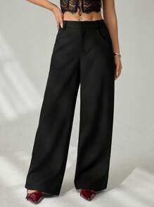 SHEIN PETITE Pantalones informales de cintura baja de color liso, moda adecuada para el verano - Negro - Ver 3