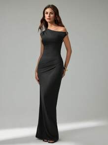 SHEIN Tall 女式纯色不对称领口褶皱优雅连衣裙 - 黑色 - 查看 6