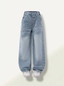 SHEIN Explorewe Tween Girls Y2K Style Distressed Washed Wide Leg Jeans, Comfortable & Versatile For Daily Wear - Light Wash - View 6