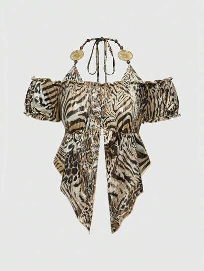 Hippie Top pour femme au motif léopard Y2K hippie et bordure triangulaire inversée en feuille d'or